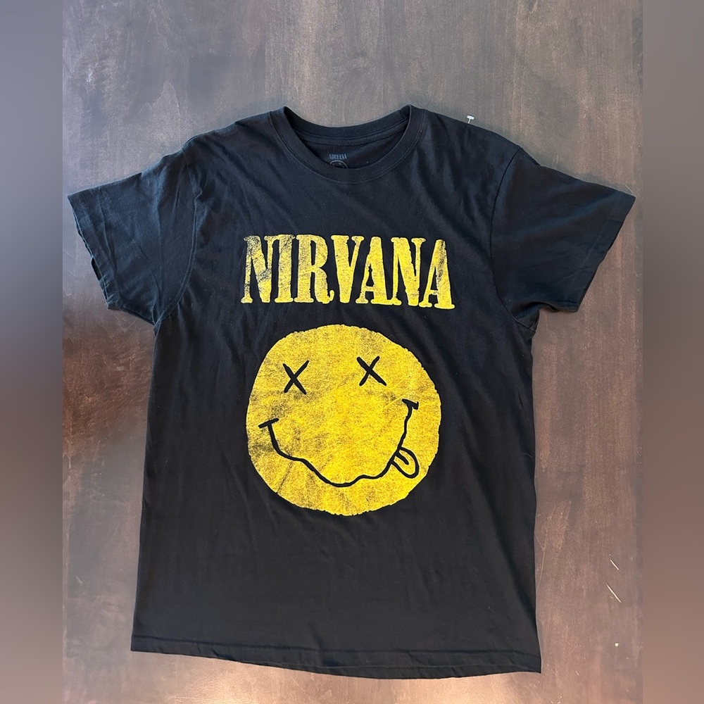 Black Nirvana T-Shirt Smiley Face Mens Women’s Vintage Large 100% Cotton